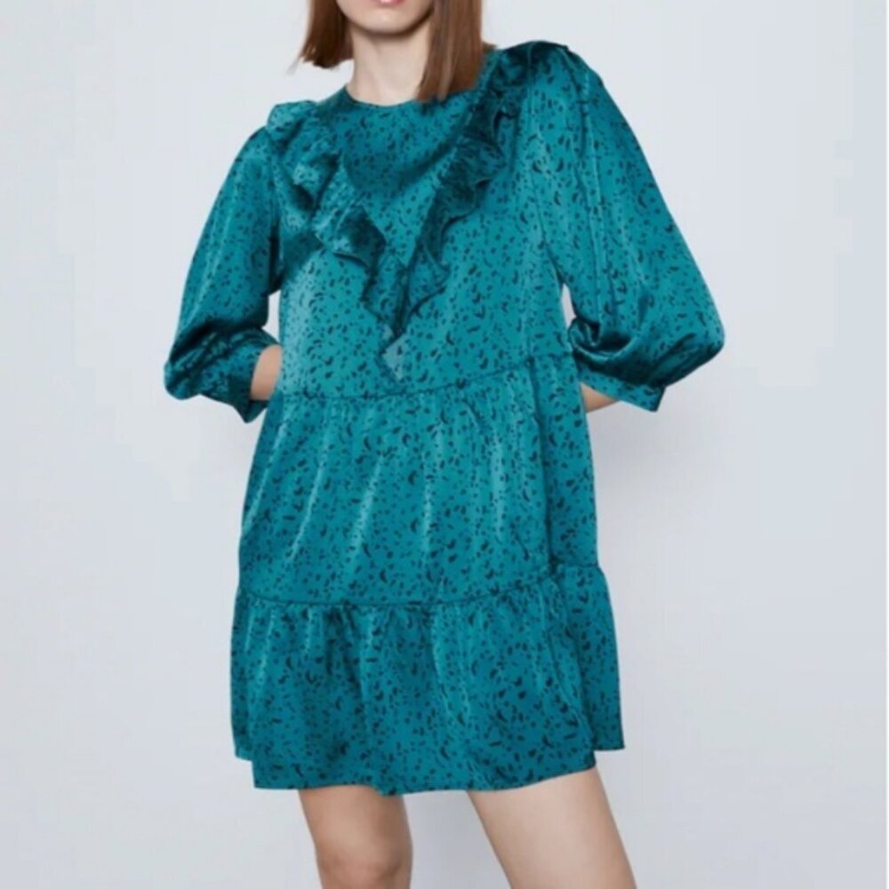 Zara Animal Print Satin Victorian Coquette Whimsigoth Ruffle Feminine Dress XS - Picture 1 of 8